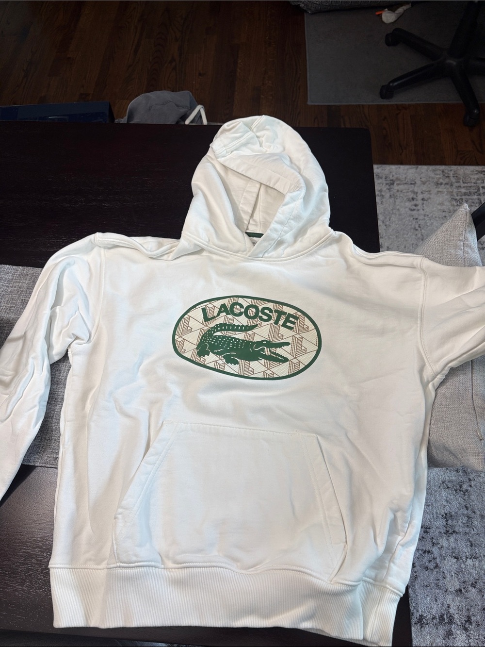 Lacoste Cream Hoodie with Green Logo Oval Emblem